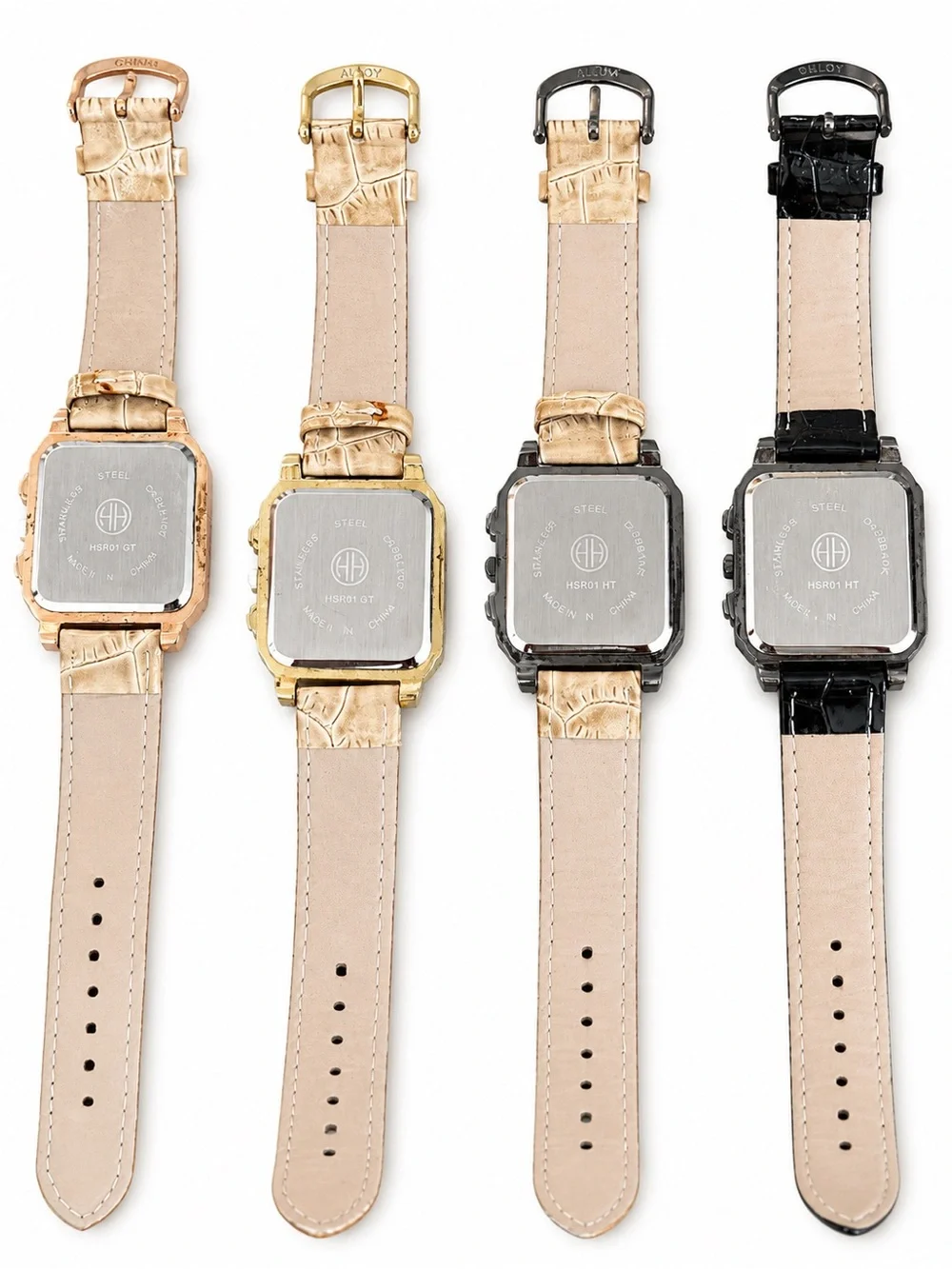 Luxury Square Crystal Chronograph Watch - 3 with Tan Strap, 1 with Black strap.